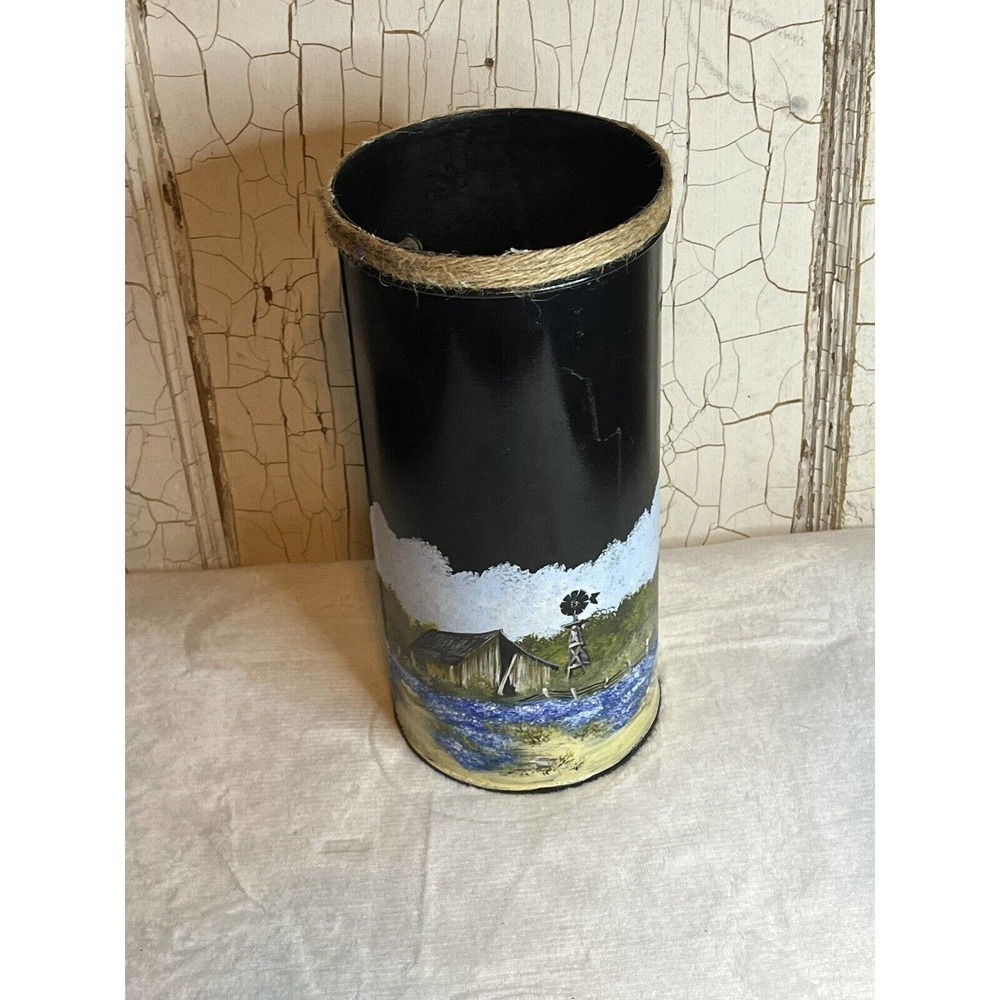 Vintage Hand Painted Farmhouse Americana Bluebonnet Metal Milk Jug Can - signed